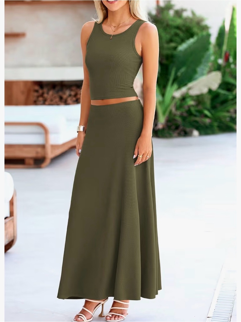 Ribbed Maxi Skirt and Cropped Tank Set in Olive Green. Lightweight & Stretchy.